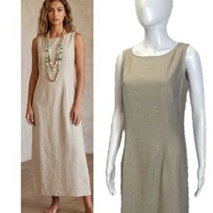 VTG Mosaic Linen Rayon Sleeveless Maxi Dress Size 8 Solid Light Khaki Back Vent